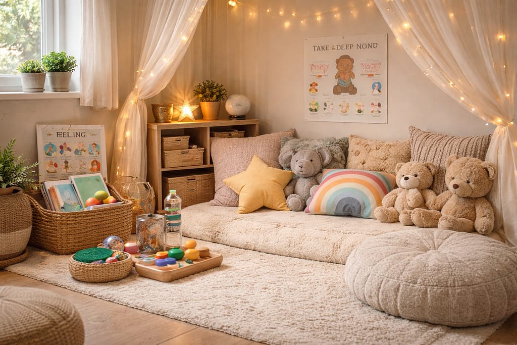 Calming Activities for Kids – cozy calm-down corner with pillows and sensory toys