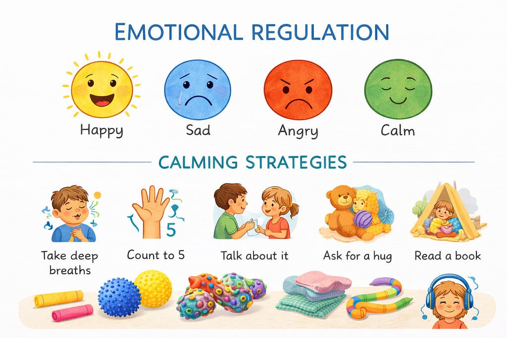 kids emotional regulation chart with feelings faces and calming strategies, colorful educational poster for preschool classroom, simple child-friendly design, happy sad angry calm icons, parenting blog infographic style