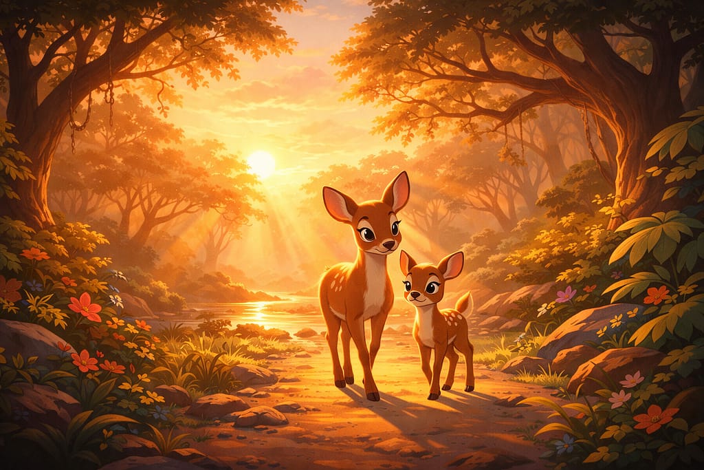 Animal Story for Shy Child, A mother deer and fawn walking together