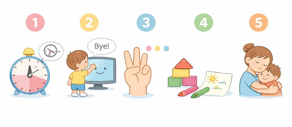 Screen Time Tantrums reducing routine Include 5 simple steps with soft icons: a timer, a child waving goodbye to a TV, counting down with fingers, a small play activity (blocks or crayons), and a parent hugging a child.