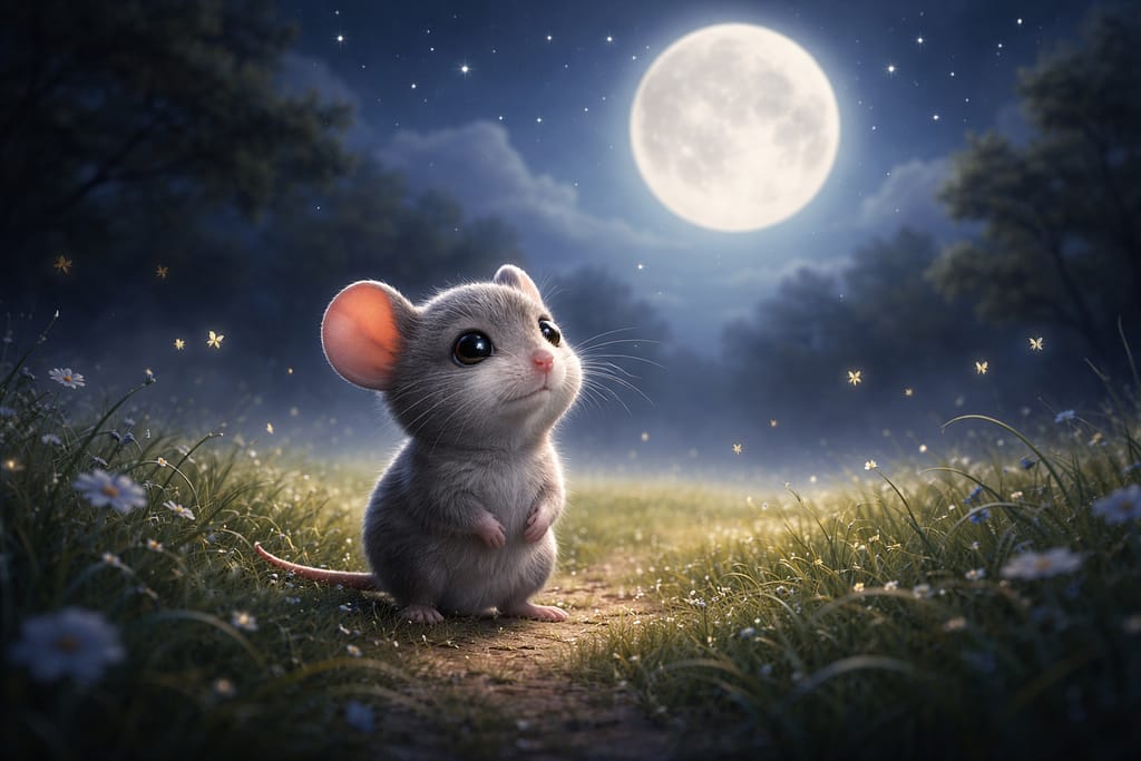 mouse bedtime story tiny mouse standing alone in moonlit meadow. Tiny mouse standing alone in a glowing moonlit meadow, looking emotional and small.