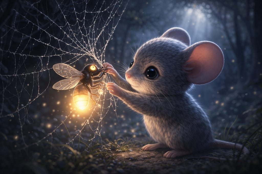 mouse bedtime story brave mouse saving trapped firefly, Emotional scene of Miko freeing a trapped firefly from a spider web.