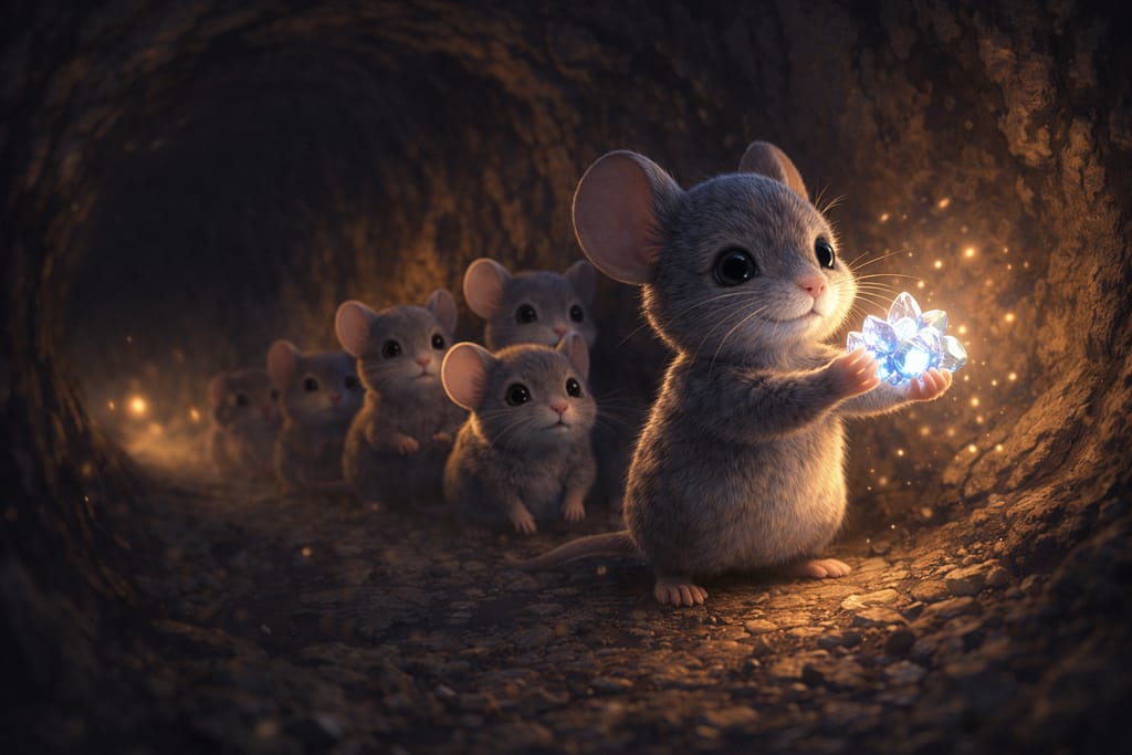 mouse bedtime story heroic mouse leading family with glowing light. Heroic scene of Miko leading frightened mice with glowing light in tunnel.