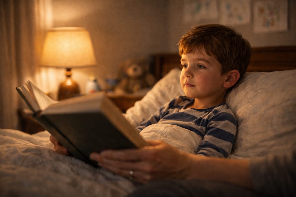 Child listening attentively to 5 minute bedtime stories for kids