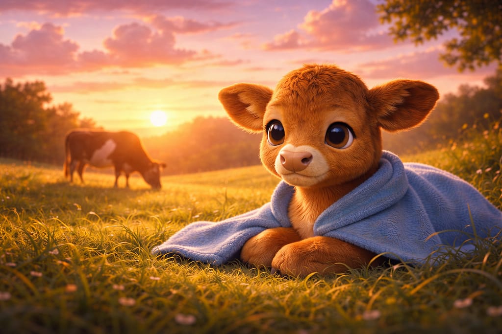 3D animated calf resting at sunset final scene from a kids story about loud noises.