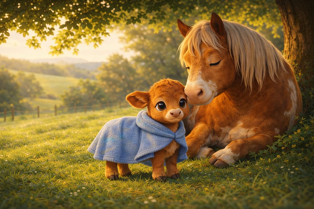 3D animated calf and old horse resting under tree scene from a kids story about loud noises.