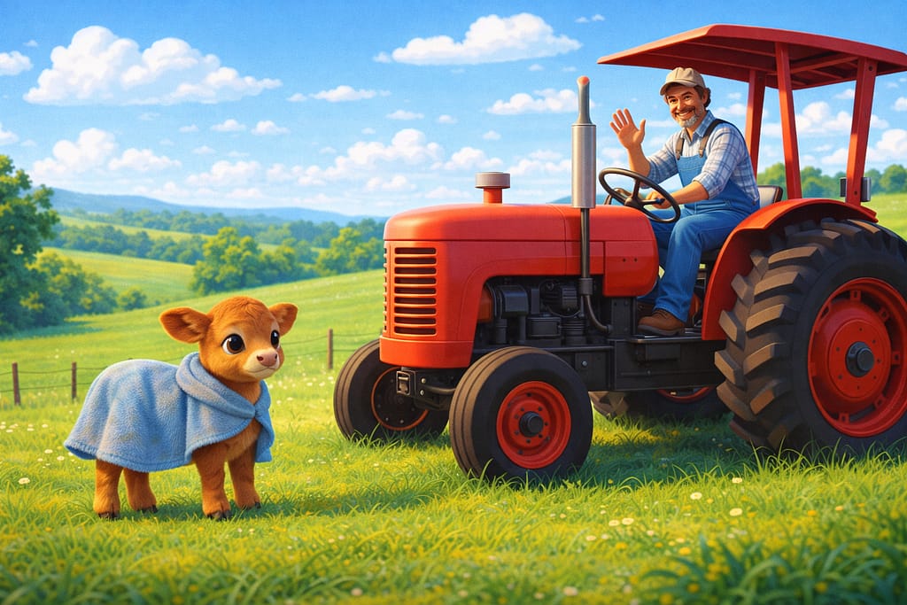 3D animated farmer waving from tractor while calf watches in a kids story about loud noises.