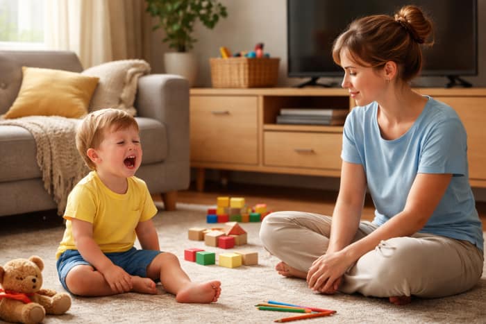 Screen Time Tantrums doing by kid with mother calmly sit beside