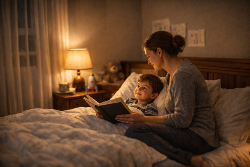 Parent reading 5 minute bedtime stories for kids in calm dim light bedroom